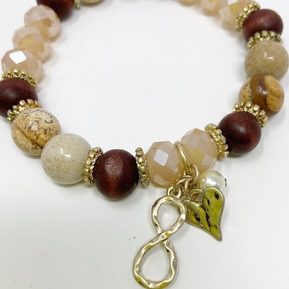 Brown Cream Beaded Stretch Bracelet w/Infinity, Heart and Pearl Charms - Picture 3 of 4